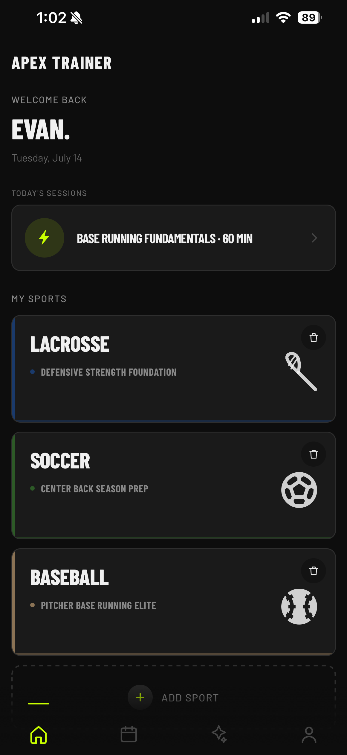 Apex Trainer app home screen